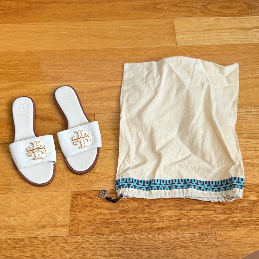 Tory Burch White and Gold Slide Sandals with Dust Bag